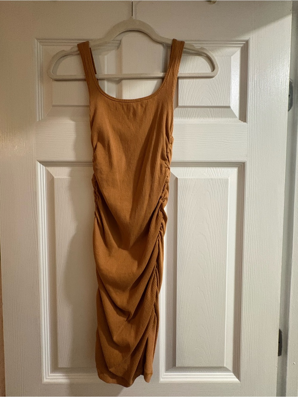 Organic Basics Ribbed Ruched Midi Dress in Mustard Brown